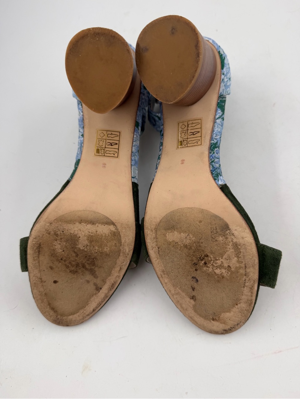Jeffrey Campbell Purdy Blue Fabric Floral -SZ 8- Green Suede Block Heels Sandals - Picture 11 of 14